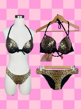 Victoria’s Secret Sequin Halter Bombshell Leopard Animal Print Cheeky Bikini